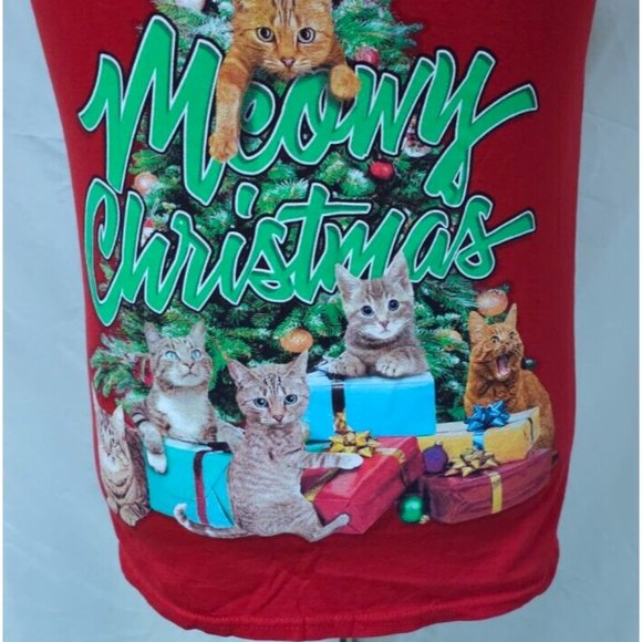 Dec. 25th Women Red Small Short Sleeve Meowy Christmas Tree Cats Holiday T-Shirt - Picture 3 of 10